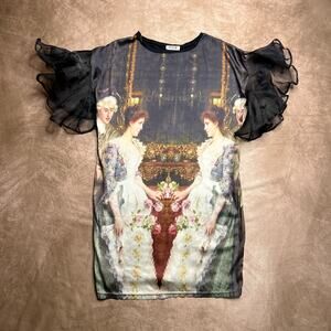 Renaissance Ballroom Graphic Print Shirt Mini Dress Ruffled Sleeve Korean Brand